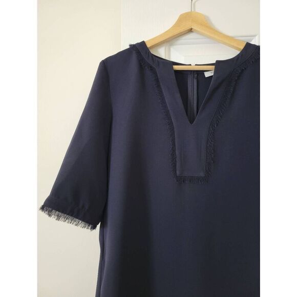 Gerard Darel - Navy Notch Neck Shift Dress w/ Fringe Trim 40 - Picture 2 of 10